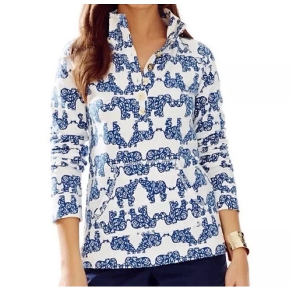 Lilly Pulitzer Elephant Print Popover Sweatshirt Top 1/2 Button Up Size Medium